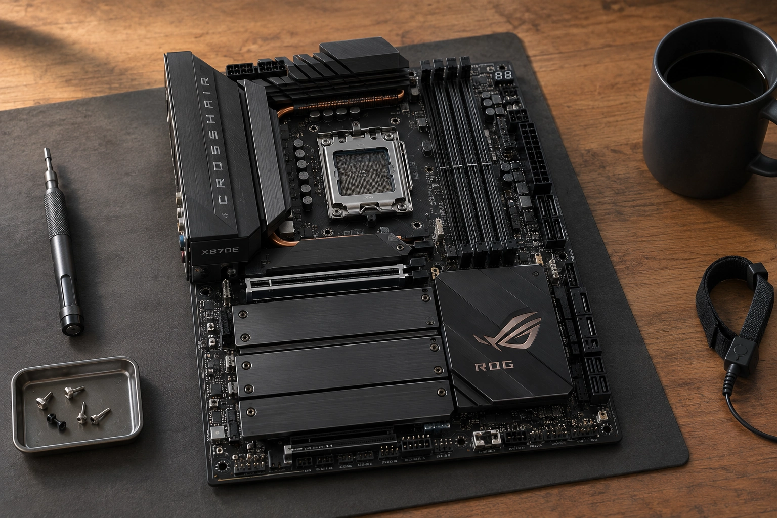Материнская плата ROG Crosshair X870E на верстаке ателье